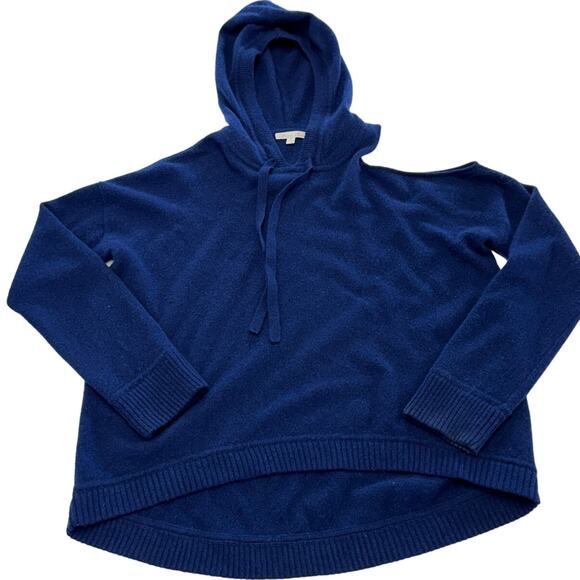 Minnie Rose Sweater Womens Medium Blue Cutout Shoulder Cashmere Hoodie - Picture 1 of 6